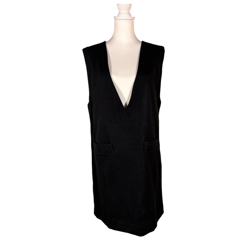 Vintage Black 100% Wool Dress Deep V-Neck Classic Quiet Luxury Retro Shift Chic